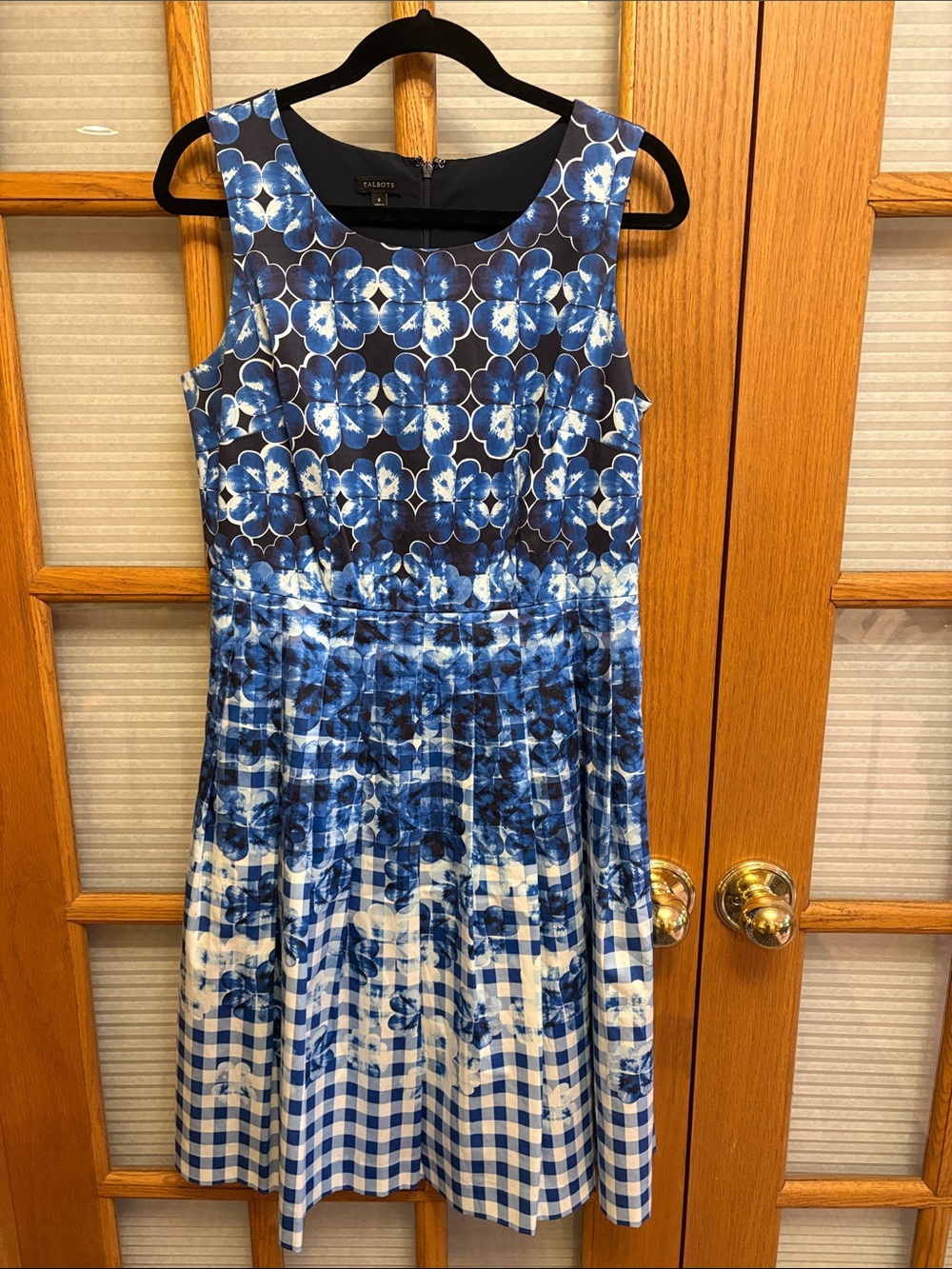 EUC Talbots Blue and White Floral Gingham Fit-and-Flare Dress